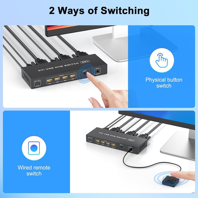 TaiLaiEra DVI KVM Switch 1 Monitor 2 Computers 4K@30Hz,KVM Switches for Dual Computer Share Monitor Keyboard Mouse Printer Hard Drives, with EDID Adaptive, 2USB Cable Desktop Controller - Image 5